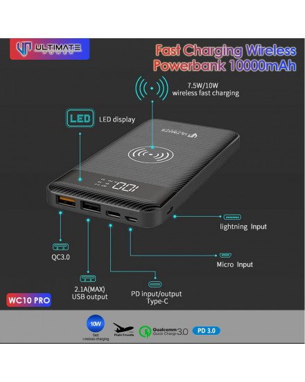 Ultimate Power WC10 PRO Fast Charging Wireless Powerbank 10000mAh