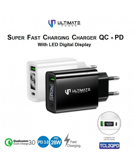 Ultimate Power 28w Super Fast Charging Charger QC + PD With LED Display