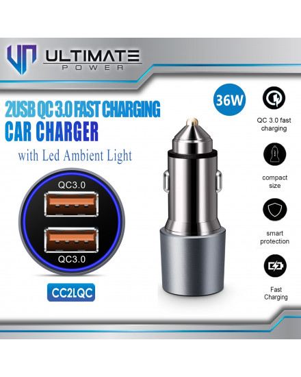 Ultimate Power 36W 2USB QC 3.0 Fast Charging Car Charger with LED Ambient Light
