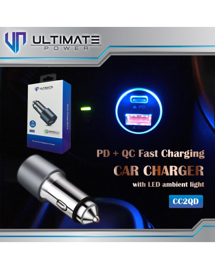 Ultimate Power 36w PD+QC Fast Charging Car Charger with LED Ambient Light
